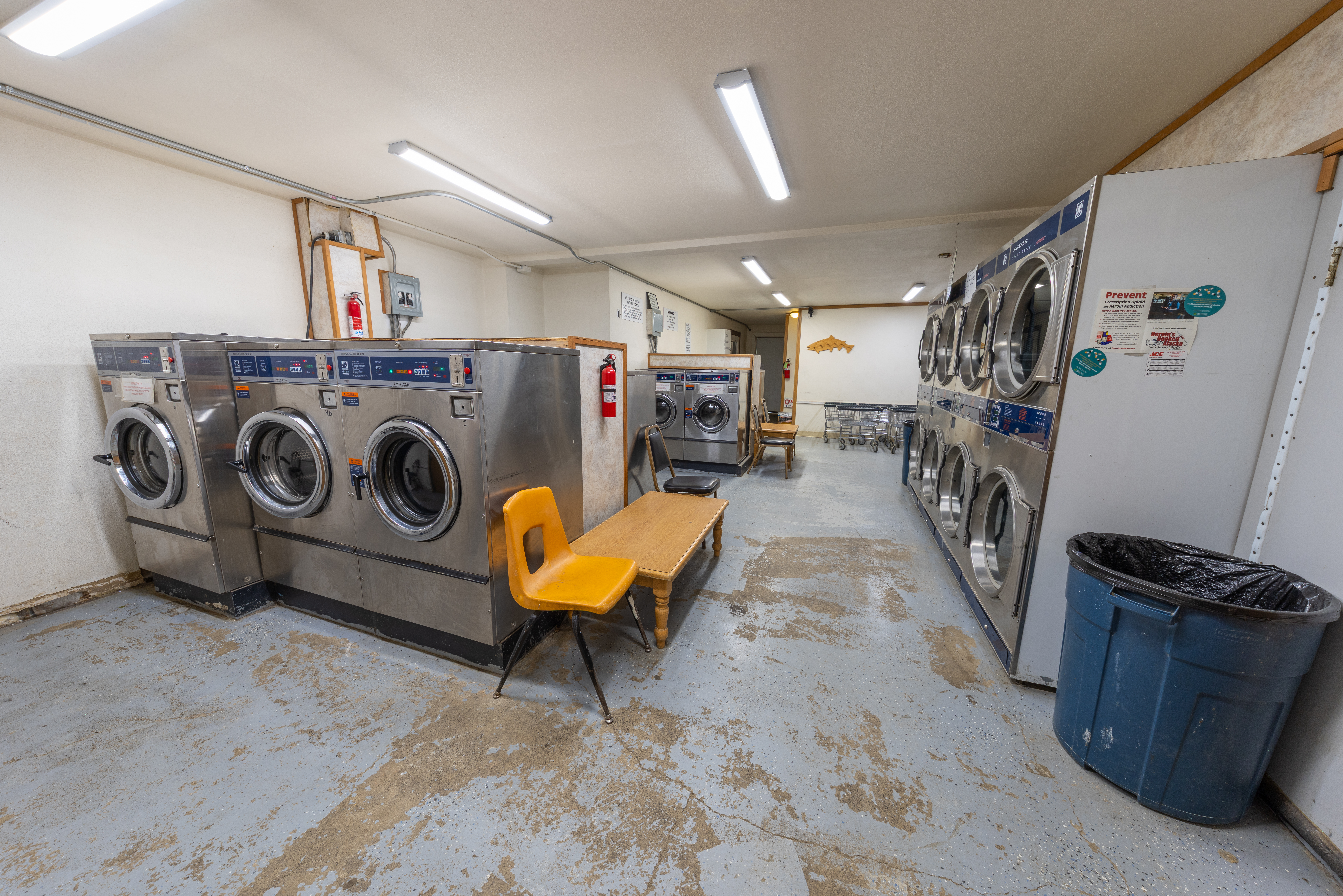 Laundry room with multiple washing machines, dryers, seating area, and carts on a concrete floor