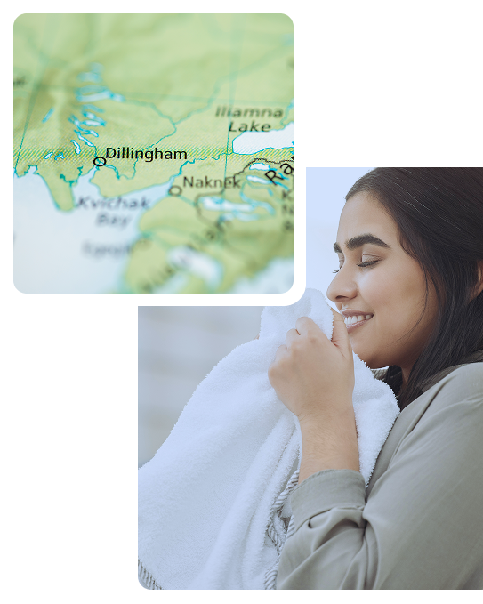Collage showing a map of Dillingham, Alaska, and a smiling woman enjoying the freshness of clean laundry