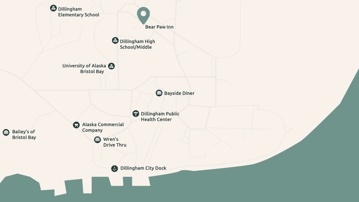 Map of Dillingham highlighting Bear Paw Inn, schools, health center, diners, shops, and city dock
