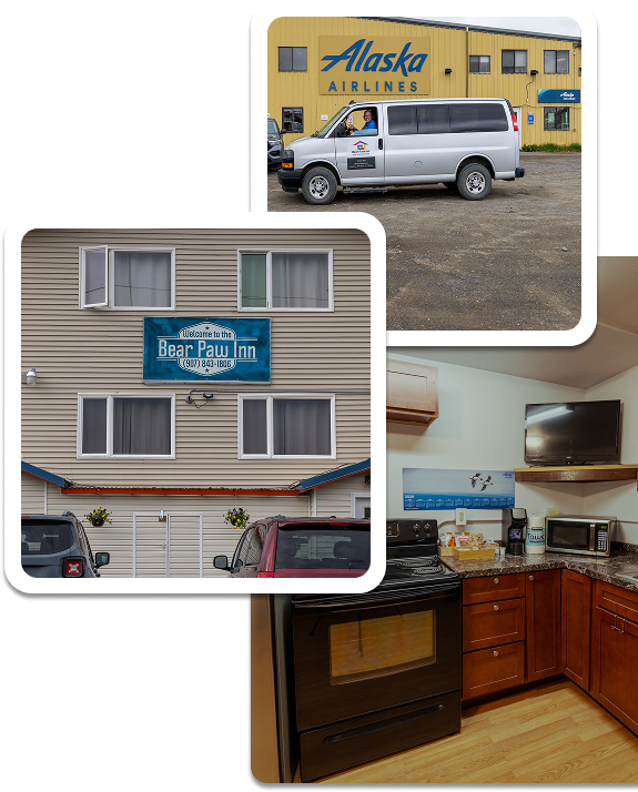 Collage showing Bear Paw Inn exterior, guest kitchen, and shuttle van parked near Alaska Airlines building