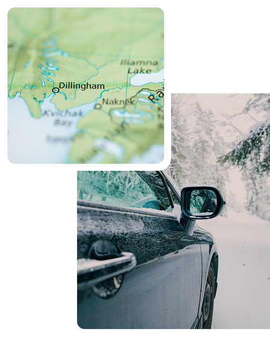 Close-up of a map showing Dillingham, Alaska, paired with a car driving on a snowy forest road